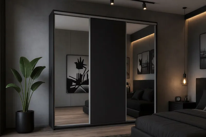 GRANDE 277 in Schwarz mit zwei Spiegeltüren außen im Schlafzimmer